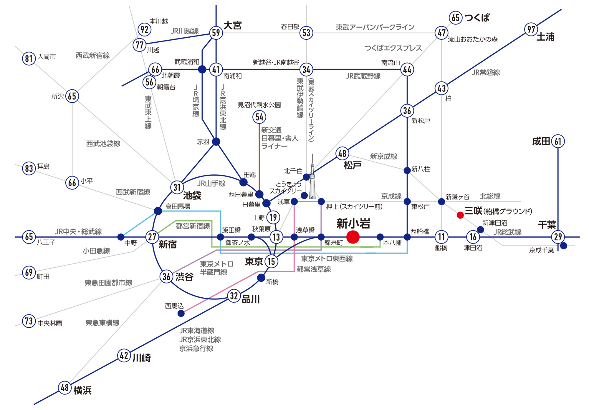 新小岩までの路線図